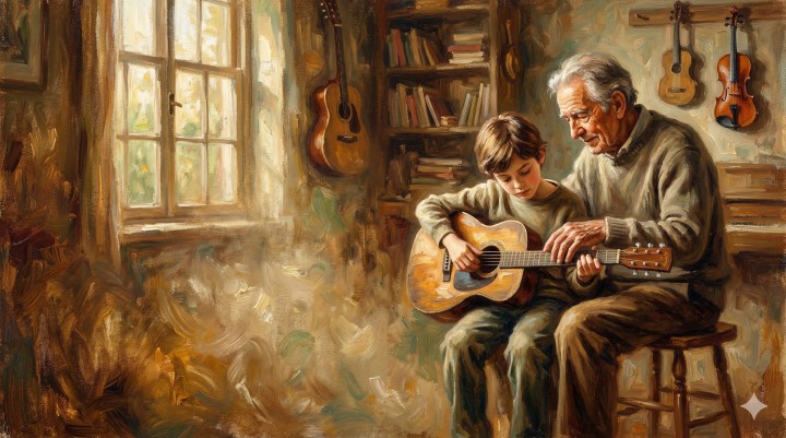 Acoustic folk appreciation song for music teacher, warm male vocal, fingerpick guitar, heartfelt