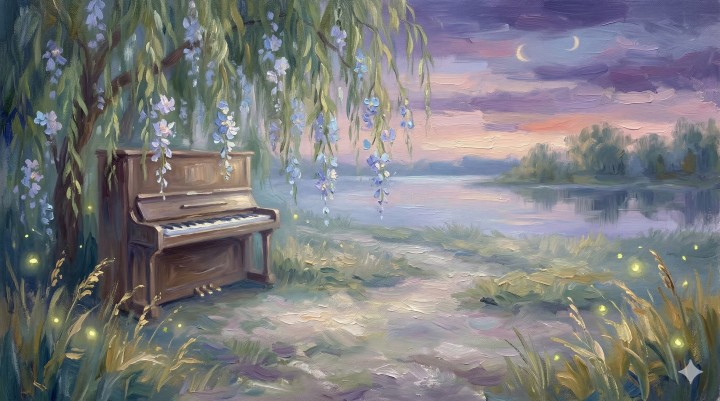 Dreamy piano lullaby with nature sounds, instrumental, 60 BPM, calming