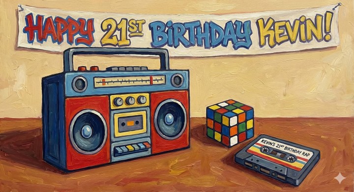 Funny birthday rap for "Kevin", punchy 80s, witty clean lyrics, male vocals, 21st birthday shoutout
