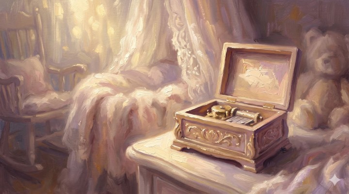 Gentle acoustic lullaby for "baby Sophia", soft female voice, music box melody, 70 BPM