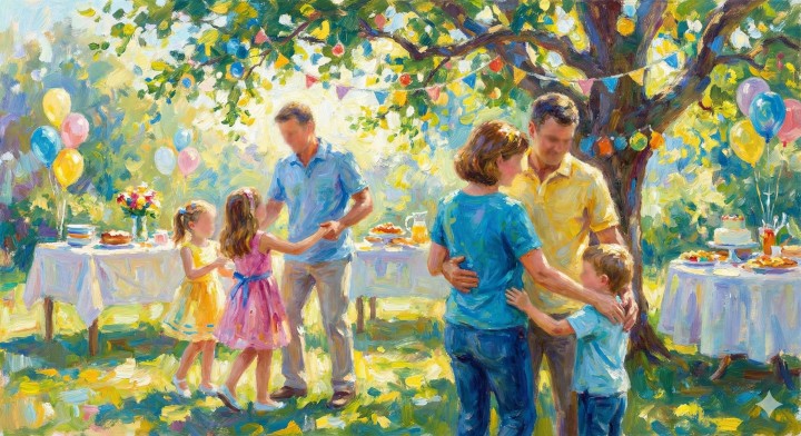 Upbeat pop for parents' 25th anniversary, joyful celebration vibe, includes "two kids"