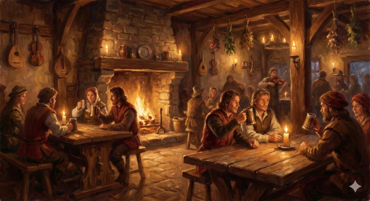 Warm medieval tavern music, 100 BPM in D major, lute, acoustic guitar, soft fiddle, light crowd ambience, loopable