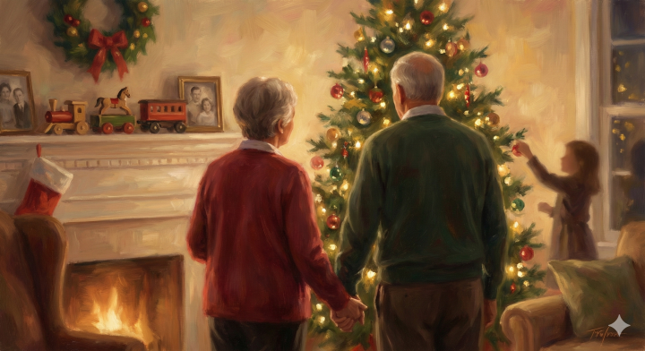 Heartfelt acoustic Christmas song for parents, mentions childhood memories and decorating the tree together