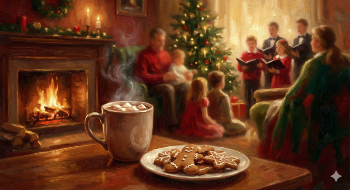 Classic Christmas carol for the Johnson family, mentions hot cocoa and grandma's cookies, warm choir vocals