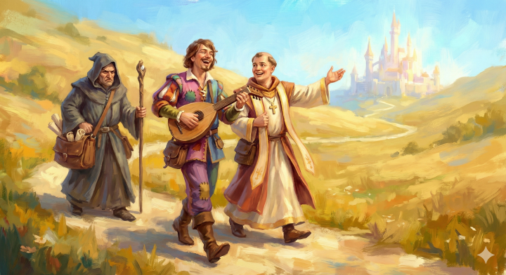 D&D party intro song about a joyful bard, happy cleric and a grumpy wizard going on adventures together