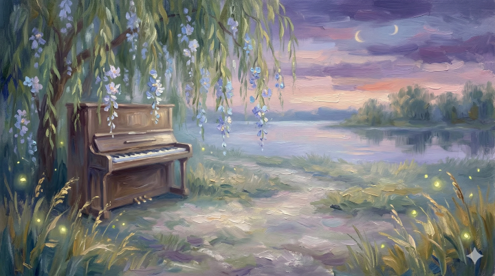 Dreamy piano lullaby with nature sounds, instrumental, 60 BPM, calming