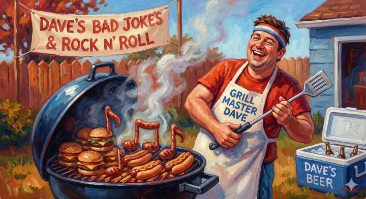 Funny rock song for dad "Dave" who loves bad jokes and grilling, upbeat and playful, male vocals