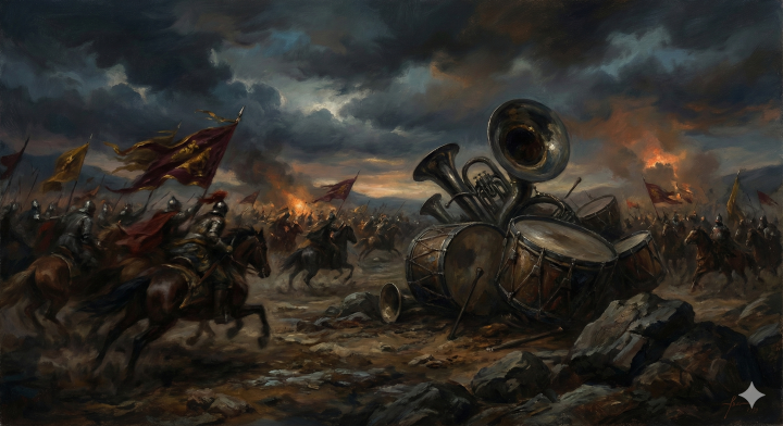 High‑tempo orchestral battle music, heavy percussion and low brass ostinato, instrumental