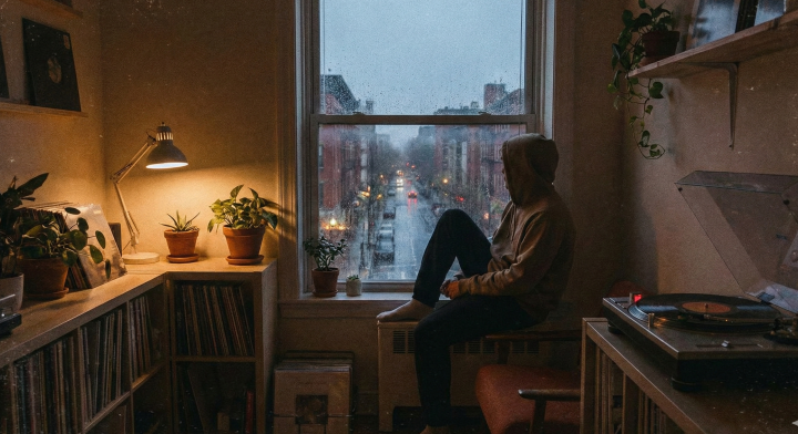Chill lo-fi hip hop with introspective lyrics, male vocals, vinyl crackle, laid-back flow