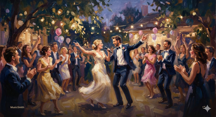 Upbeat pop celebration for engagement party, duet vocals, joyful chorus, 120 BPM