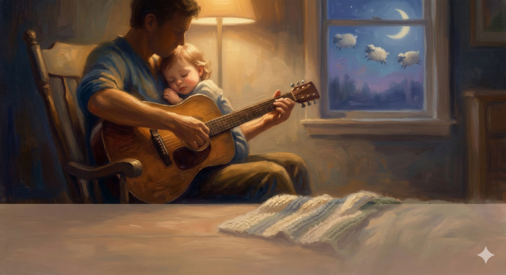 Warm folk lullaby for toddler "Leo", male vocal, mentions "counting sheep", acoustic guitar