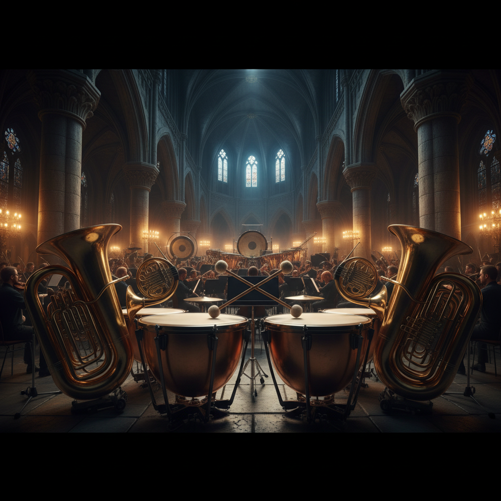 High‑tempo orchestral battle music, heavy percussion and low brass ostinato, instrumental