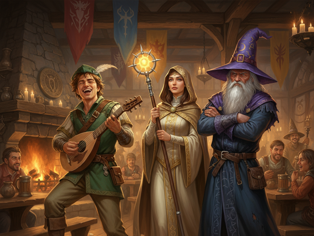 D&D party intro song about a joyful bard, happy cleric and a grumpy wizard going on adventures together