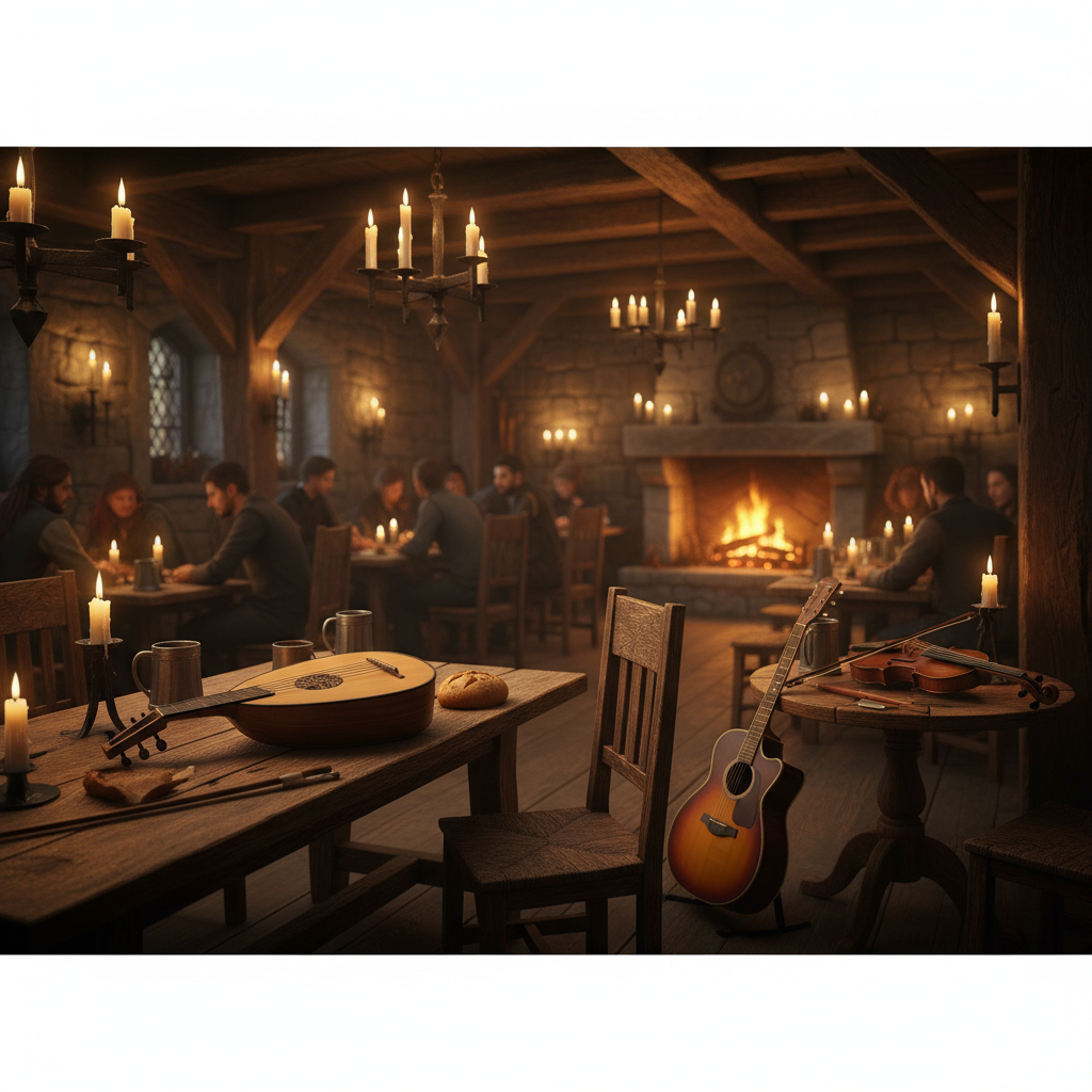 Warm medieval tavern music, 100 BPM in D major, lute, acoustic guitar, soft fiddle, light crowd ambience, loopable